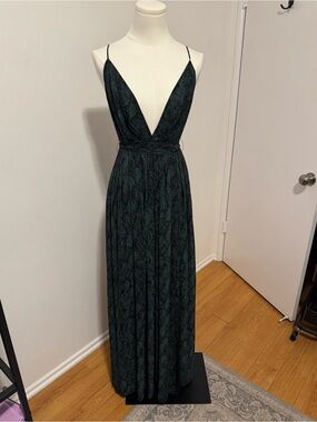 Michael Costello Teal Snake-Print Plunge Maxi Dress